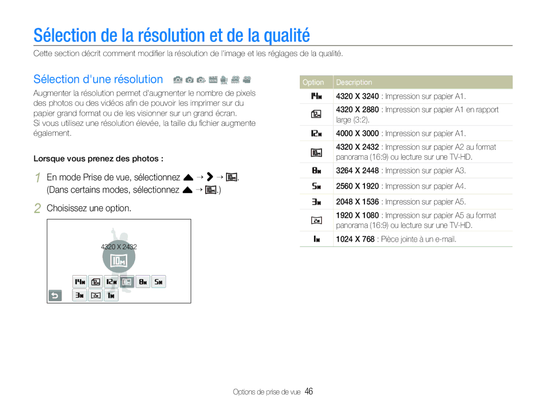 Samsung EC-ST100ZBPBE1 manual Sélection de la résolution et de la qualité, Sélection dune résolution S a p s d D 