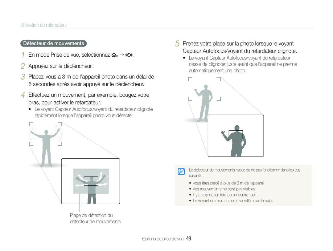 Samsung EC-ST100ZBPBE1 manual Utilisation du retardateur, Détecteur de mouvements, En mode Prise de vue, sélectionnez 