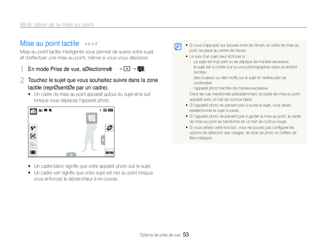 Samsung EC-ST100ZBPBE1 Mise au point tactile a p s d, Modiﬁcation de la mise au point, Tactile représentée par un cadre 