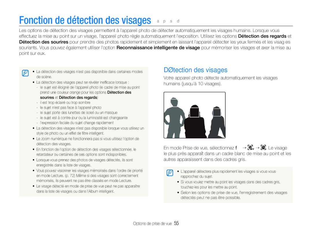 Samsung EC-ST100ZBPBE1 manual Fonction de détection des visages a p s d, Détection des visages 