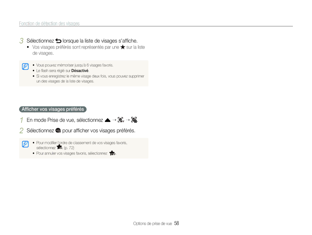 Samsung EC-ST100ZBPBE1 manual Sélectionnez lorsque la liste de visages safﬁche, Afﬁcher vos visages préférés 