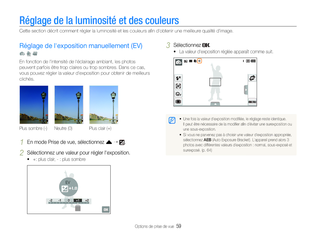 Samsung EC-ST100ZBPBE1 Réglage de la luminosité et des couleurs, Réglage de lexposition manuellement EV, Sélectionnez 