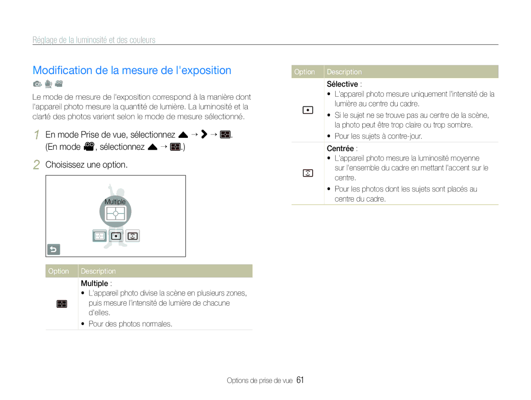 Samsung EC-ST100ZBPBE1 manual Modiﬁcation de la mesure de lexposition 