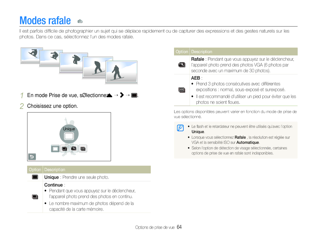 Samsung EC-ST100ZBPBE1 manual Modes rafale p, Unique Prendre une seule photo Continue 