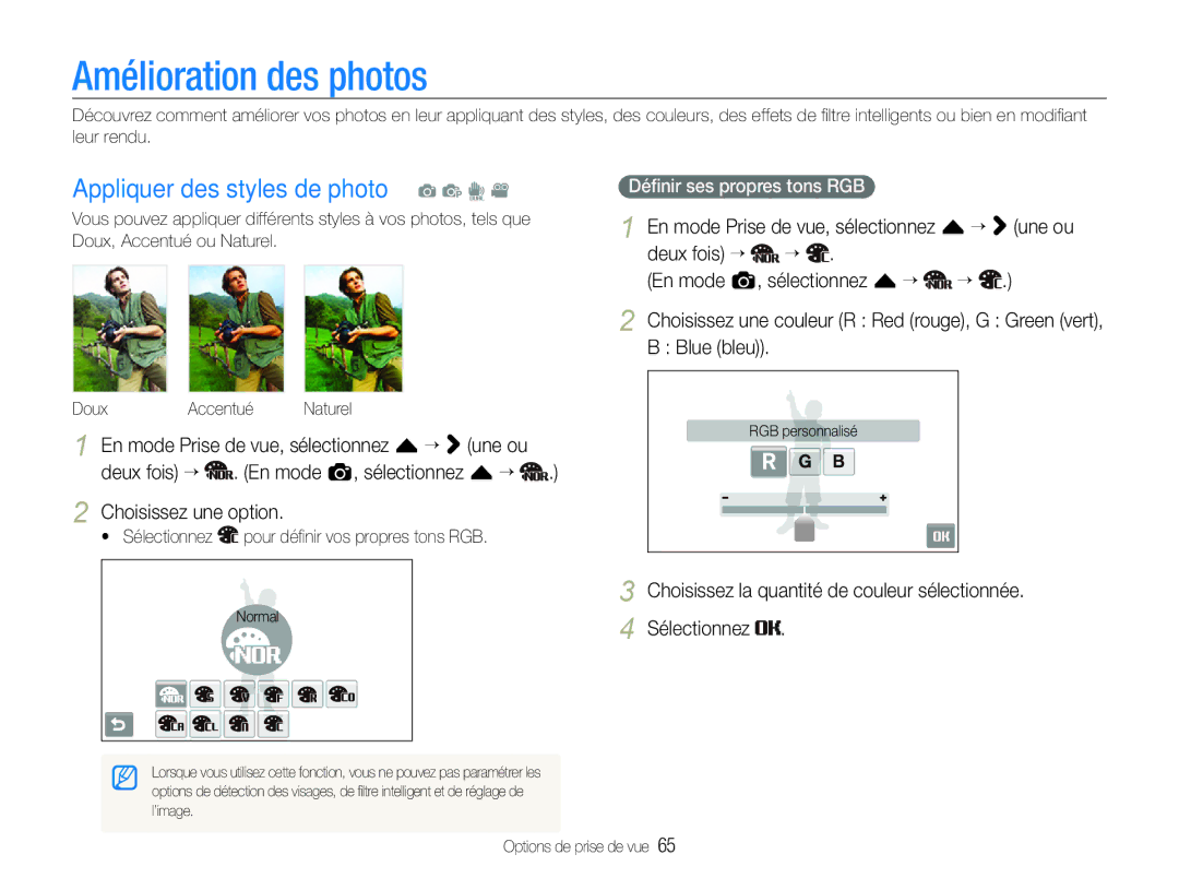 Samsung EC-ST100ZBPBE1 manual Amélioration des photos, Appliquer des styles de photo a p d, Déﬁnir ses propres tons RGB 