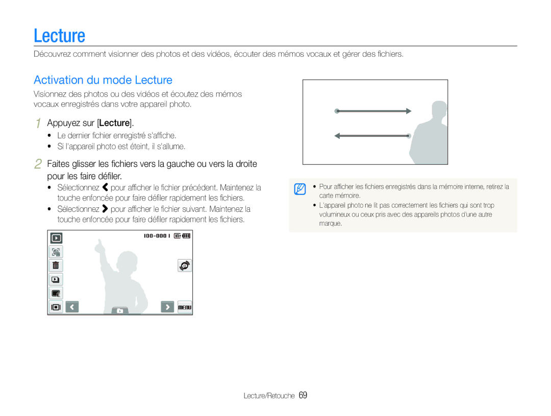 Samsung EC-ST100ZBPBE1 manual Activation du mode Lecture, Appuyez sur Lecture, Lecture/Retouche 