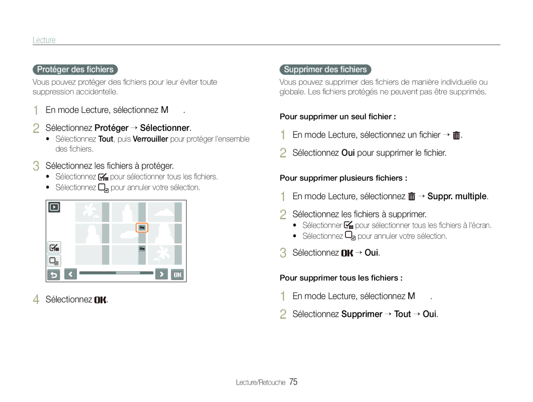 Samsung EC-ST100ZBPBE1 manual Sélectionnez les ﬁchiers à protéger, Sélectionnez “ Oui, Protéger des ﬁchiers 