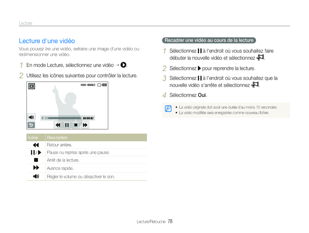 Samsung EC-ST100ZBPBE1 manual Lecture dune vidéo, En mode Lecture, sélectionnez une vidéo “, Sélectionnez Oui 