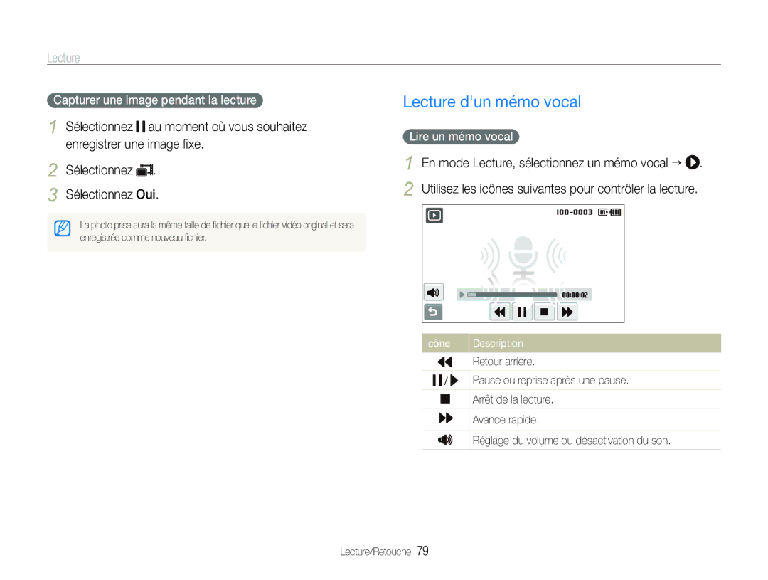 Samsung EC-ST100ZBPBE1 manual Lecture dun mémo vocal, Capturer une image pendant la lecture, Lire un mémo vocal 