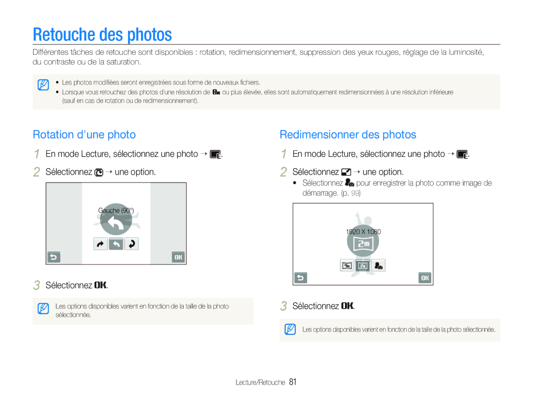 Samsung EC-ST100ZBPBE1 manual Retouche des photos, Rotation dune photo Redimensionner des photos,  Sélectionnez 