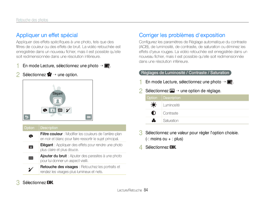 Samsung EC-ST100ZBPBE1 manual Appliquer un effet spécial, Corriger les problèmes dexposition 