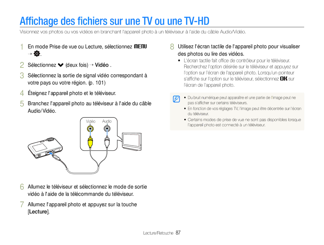 Samsung EC-ST100ZBPBE1 manual Afﬁchage des ﬁchiers sur une TV ou une TV-HD 