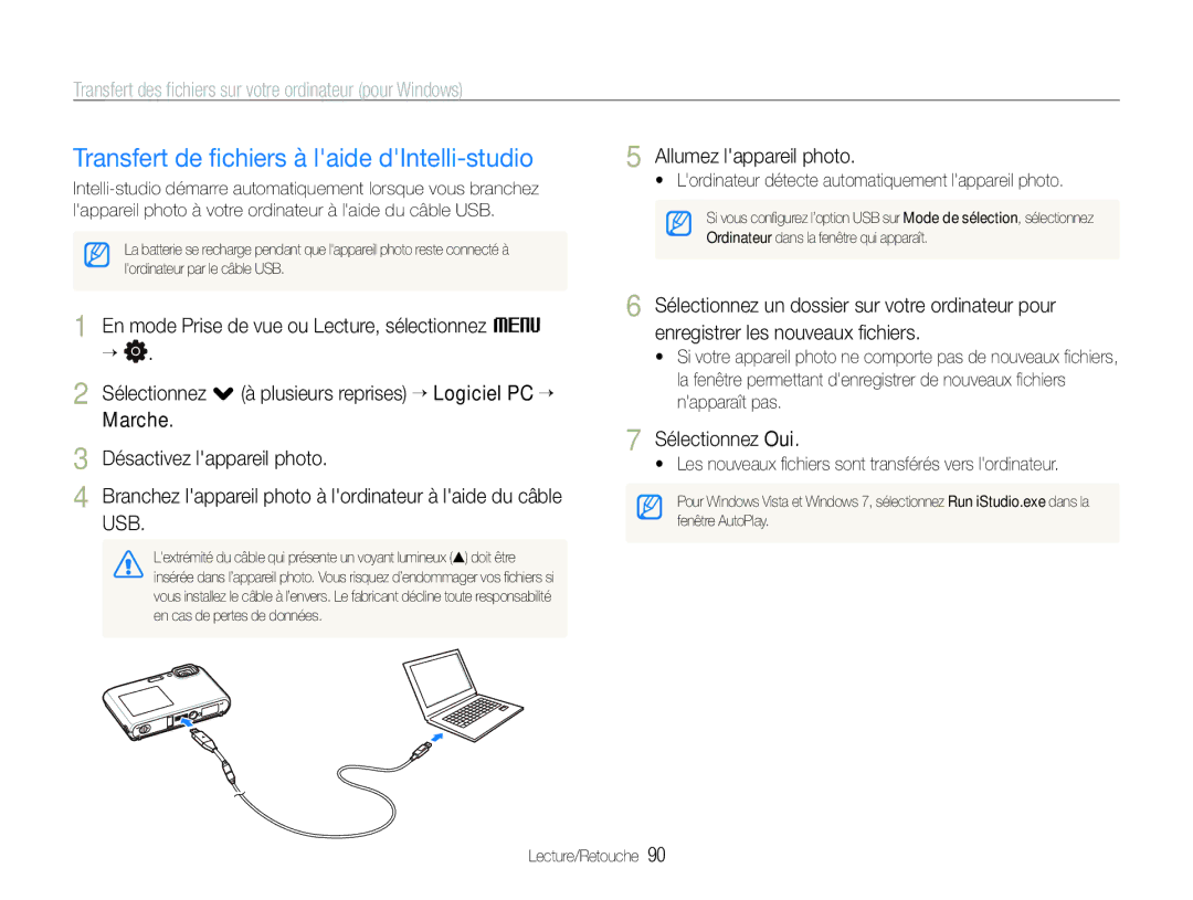 Samsung EC-ST100ZBPBE1 manual Transfert de ﬁchiers à laide dIntelli-studio 