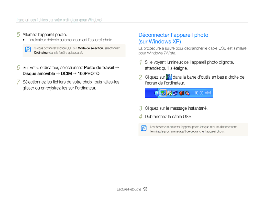 Samsung EC-ST100ZBPBE1 manual Déconnecter lappareil photo sur Windows XP, Allumez lappareil photo 