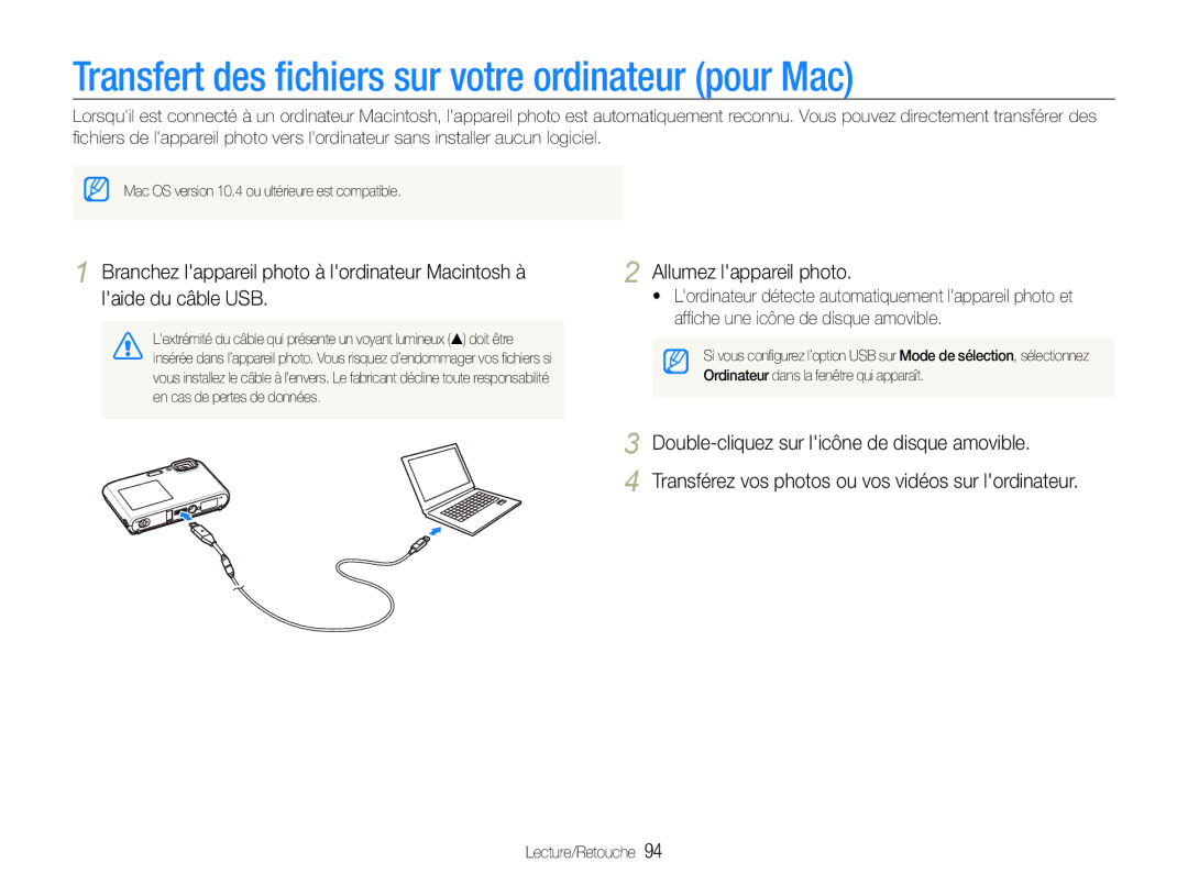 Samsung EC-ST100ZBPBE1 manual Transfert des ﬁchiers sur votre ordinateur pour Mac 