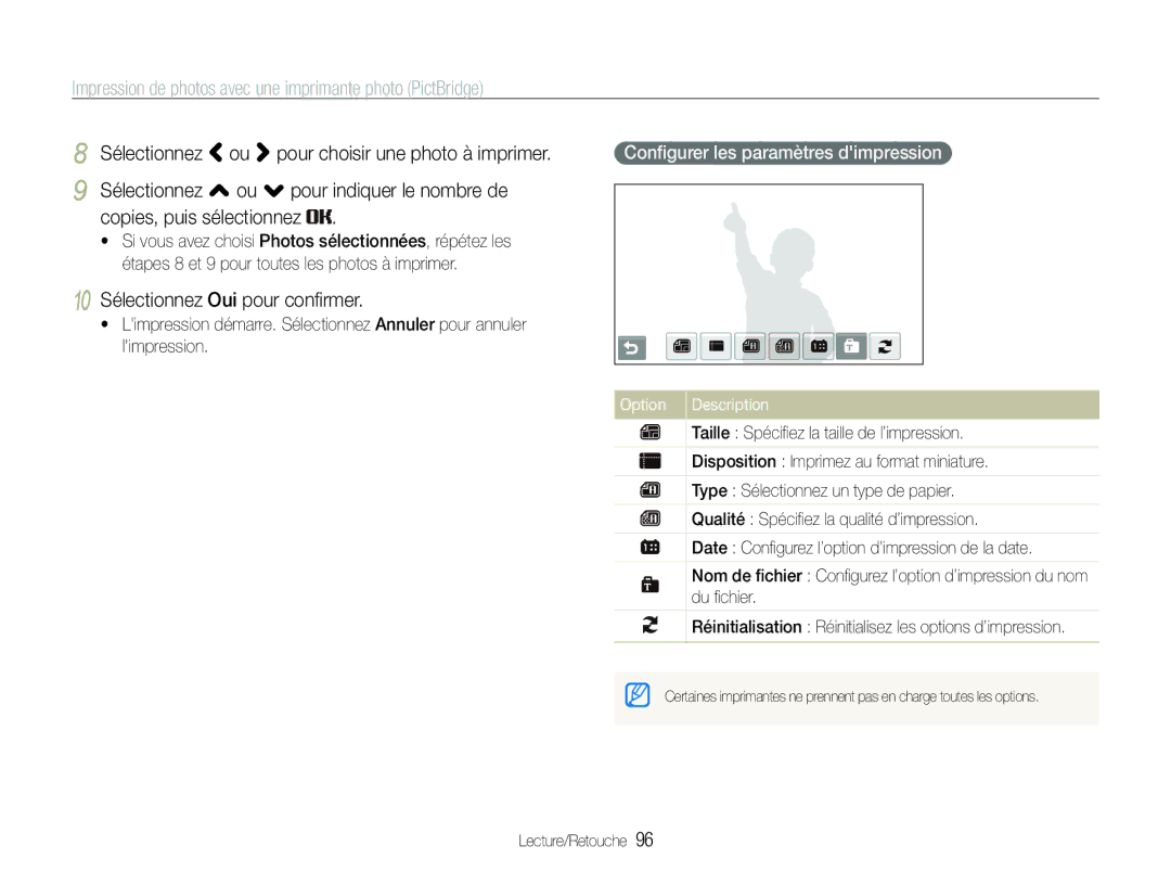 Samsung EC-ST100ZBPBE1 manual Impression de photos avec une imprimante photo PictBridge, 10 Sélectionnez Oui pour conﬁrmer 
