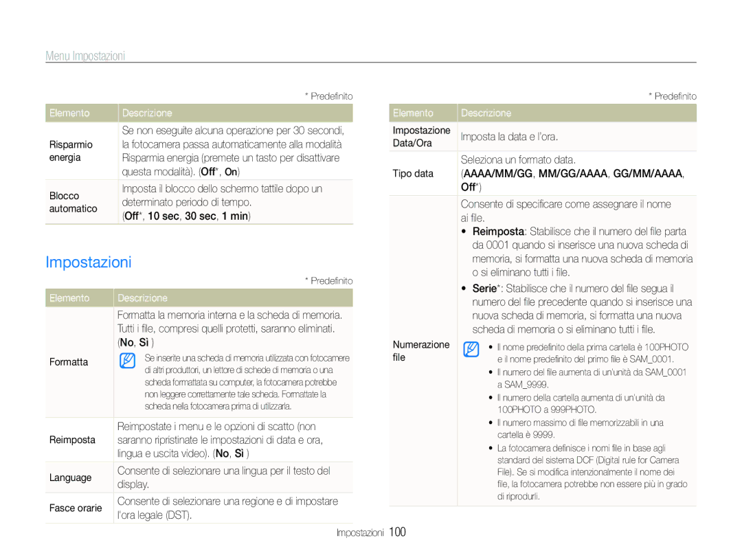 Samsung EC-ST100ZBPGIT manual Impostazioni 