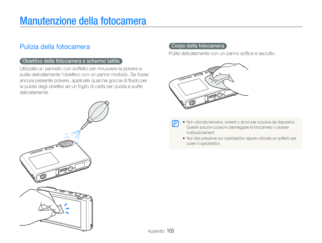 Samsung EC-ST100ZBPGIT manual Manutenzione della fotocamera, Pulizia della fotocamera, Corpo della fotocamera 