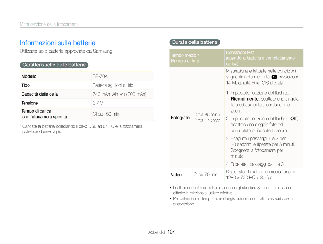 Samsung EC-ST100ZBPGIT manual Informazioni sulla batteria, Caratteristiche delle batterie, Durata della batteria 