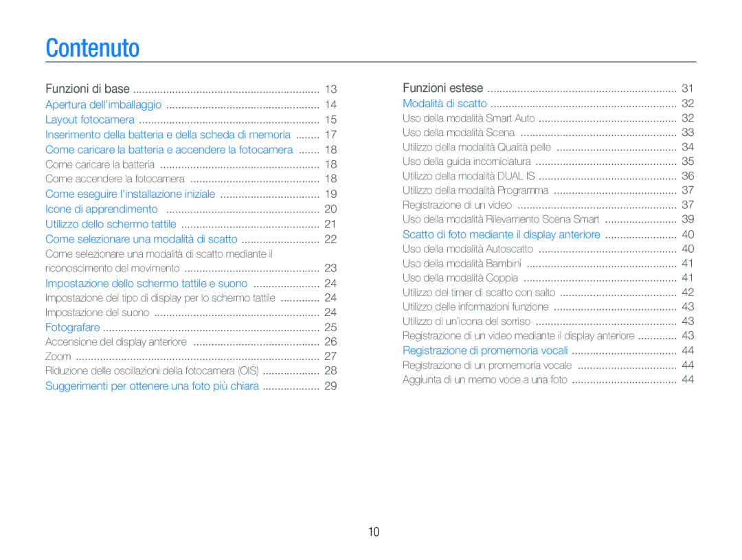 Samsung EC-ST100ZBPGIT manual Contenuto, Funzioni di base Apertura dellimballaggio Layout fotocamera 