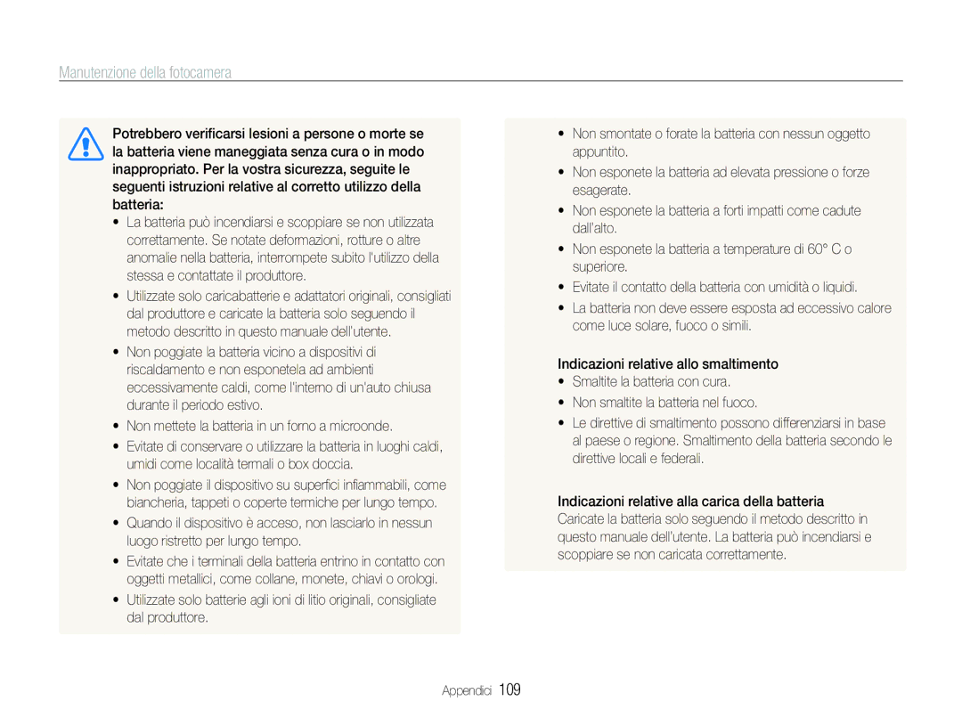 Samsung EC-ST100ZBPGIT manual  Non smaltite la batteria nel fuoco 