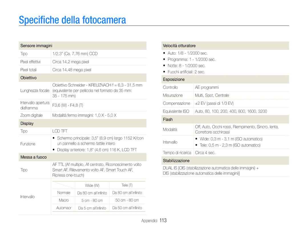 Samsung EC-ST100ZBPGIT manual Speciﬁche della fotocamera 