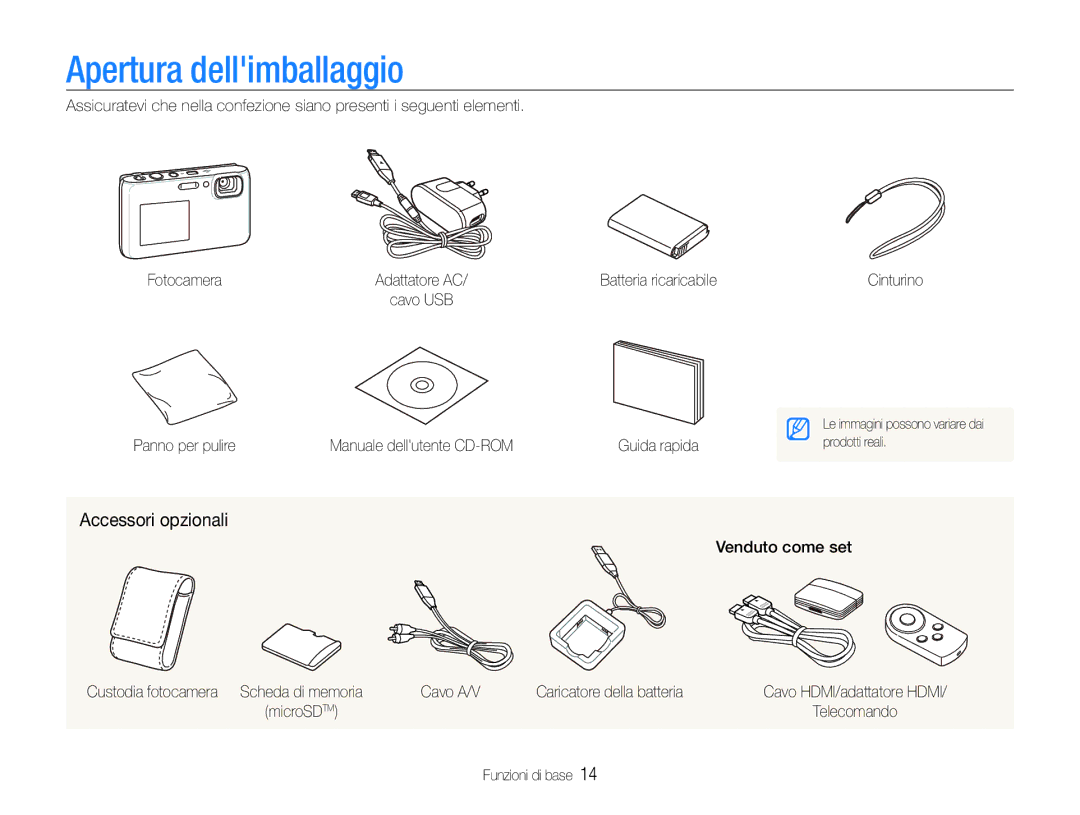 Samsung EC-ST100ZBPGIT manual Apertura dellimballaggio, Accessori opzionali 