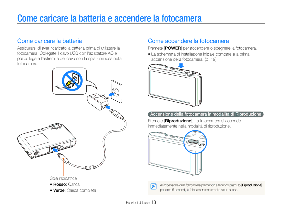 Samsung EC-ST100ZBPGIT manual Come caricare la batteria e accendere la fotocamera, Come accendere la fotocamera 