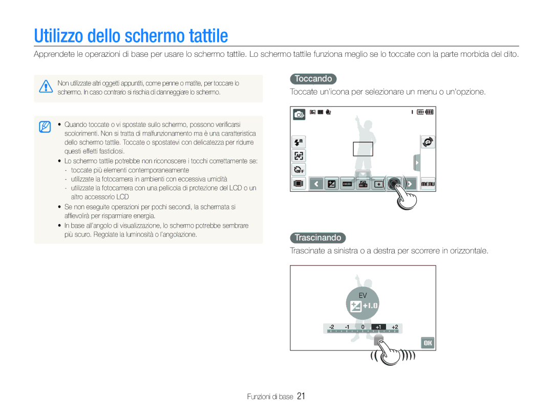 Samsung EC-ST100ZBPGIT manual Utilizzo dello schermo tattile, Toccando, Trascinando 