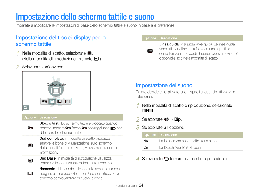 Samsung EC-ST100ZBPGIT Impostazione dello schermo tattile e suono, Impostazione del tipo di display per lo schermo tattile 