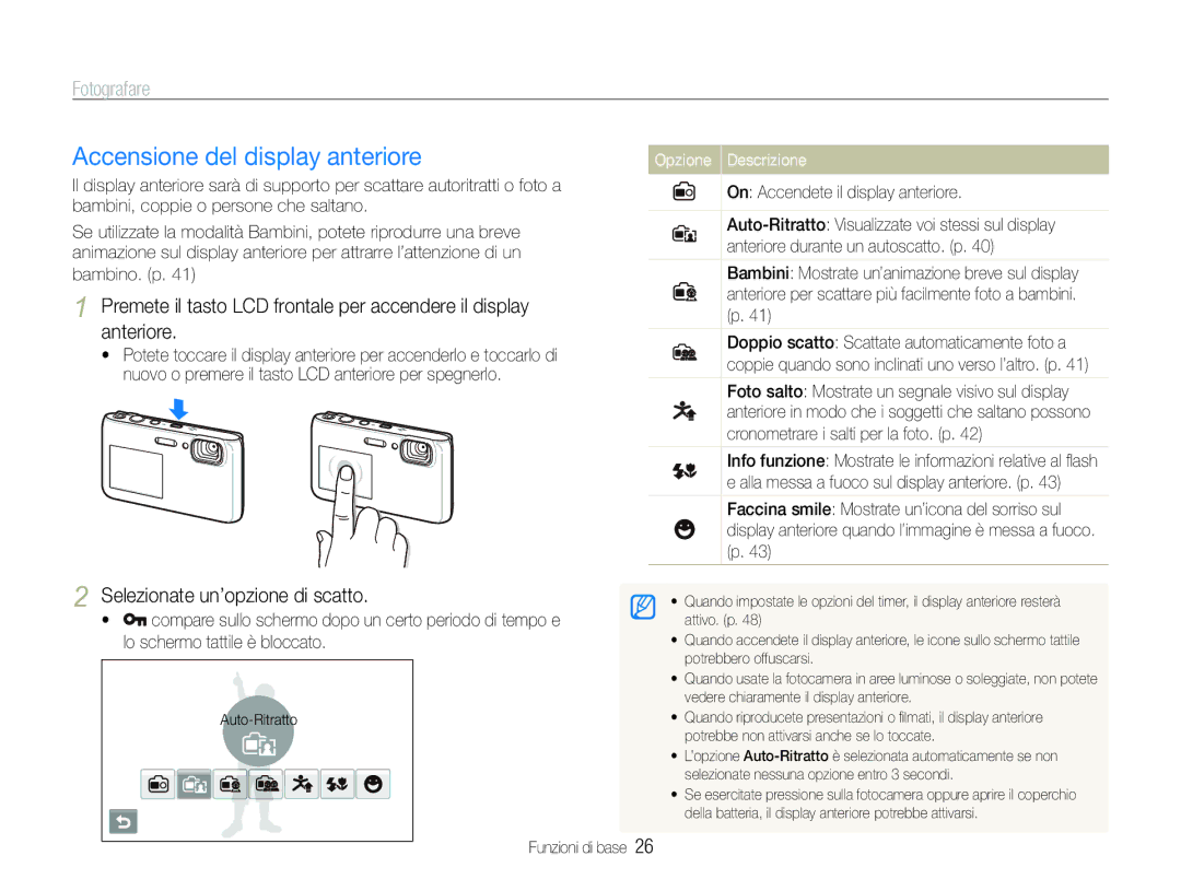 Samsung EC-ST100ZBPGIT manual Accensione del display anteriore, Fotografare, Selezionate un’opzione di scatto 