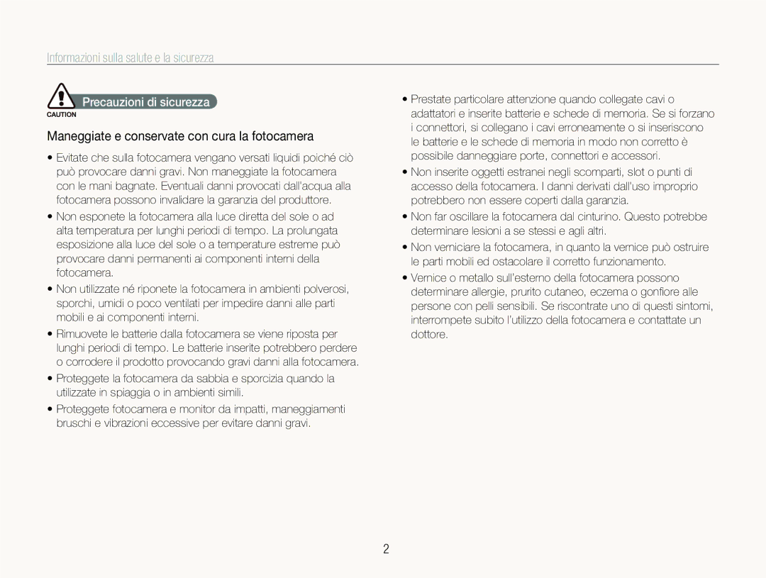 Samsung EC-ST100ZBPGIT manual Informazioni sulla salute e la sicurezza, Maneggiate e conservate con cura la fotocamera 