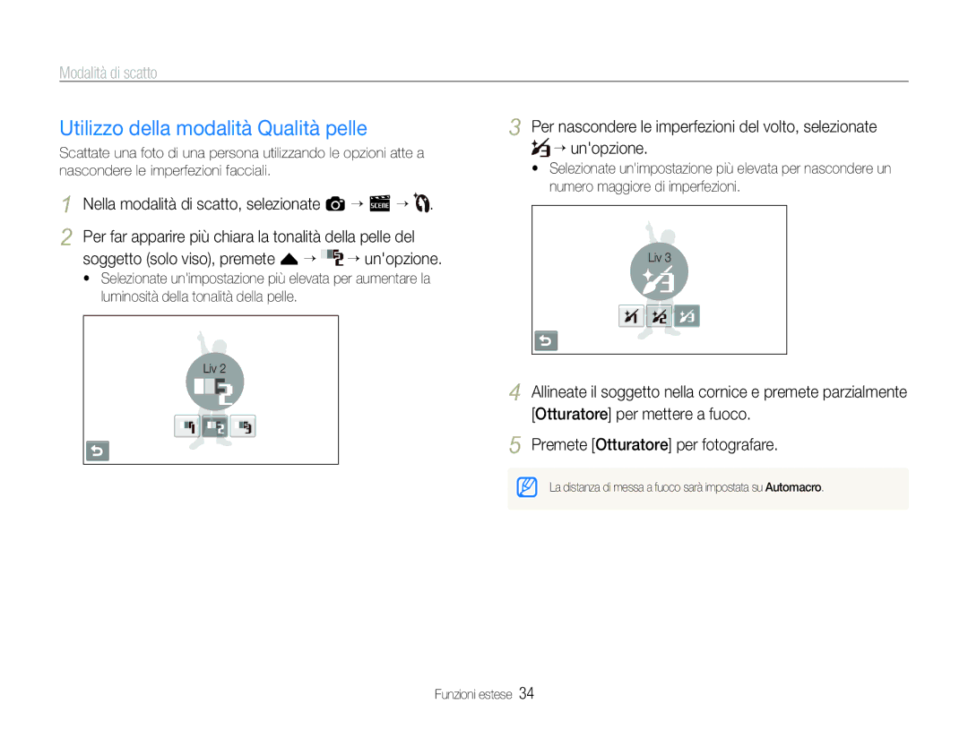 Samsung EC-ST100ZBPGIT manual Utilizzo della modalità Qualità pelle 