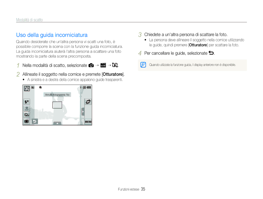 Samsung EC-ST100ZBPGIT manual Uso della guida incorniciatura, Nella modalità di scatto, selezionate a “ s “ 