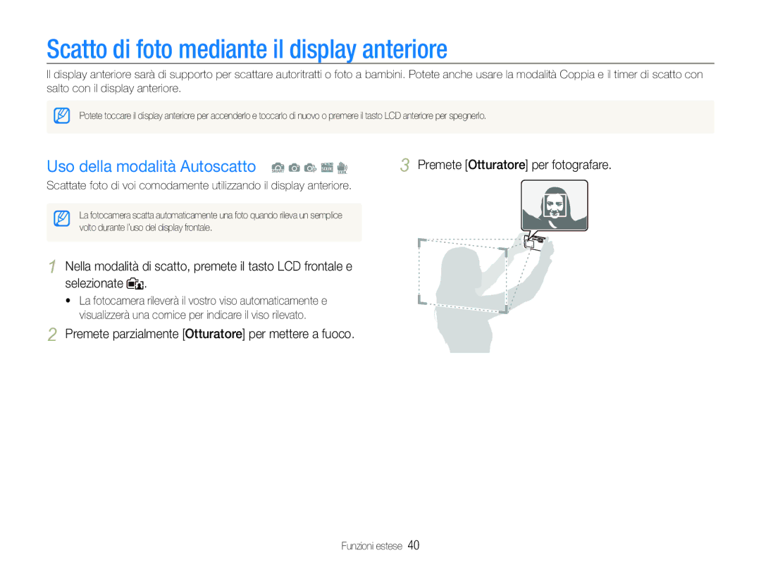 Samsung EC-ST100ZBPGIT manual Scatto di foto mediante il display anteriore, Uso della modalità Autoscatto S a p s d 