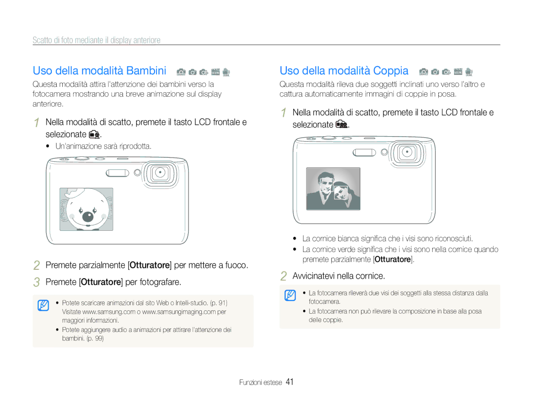 Samsung EC-ST100ZBPGIT manual Uso della modalità Bambini S a p s d, Uso della modalità Coppia S a p s d 