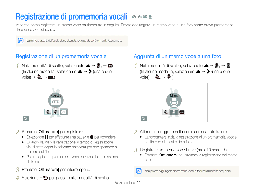 Samsung EC-ST100ZBPGIT manual Registrazione di promemoria vocali a p s d, Registrazione di un promemoria vocale 