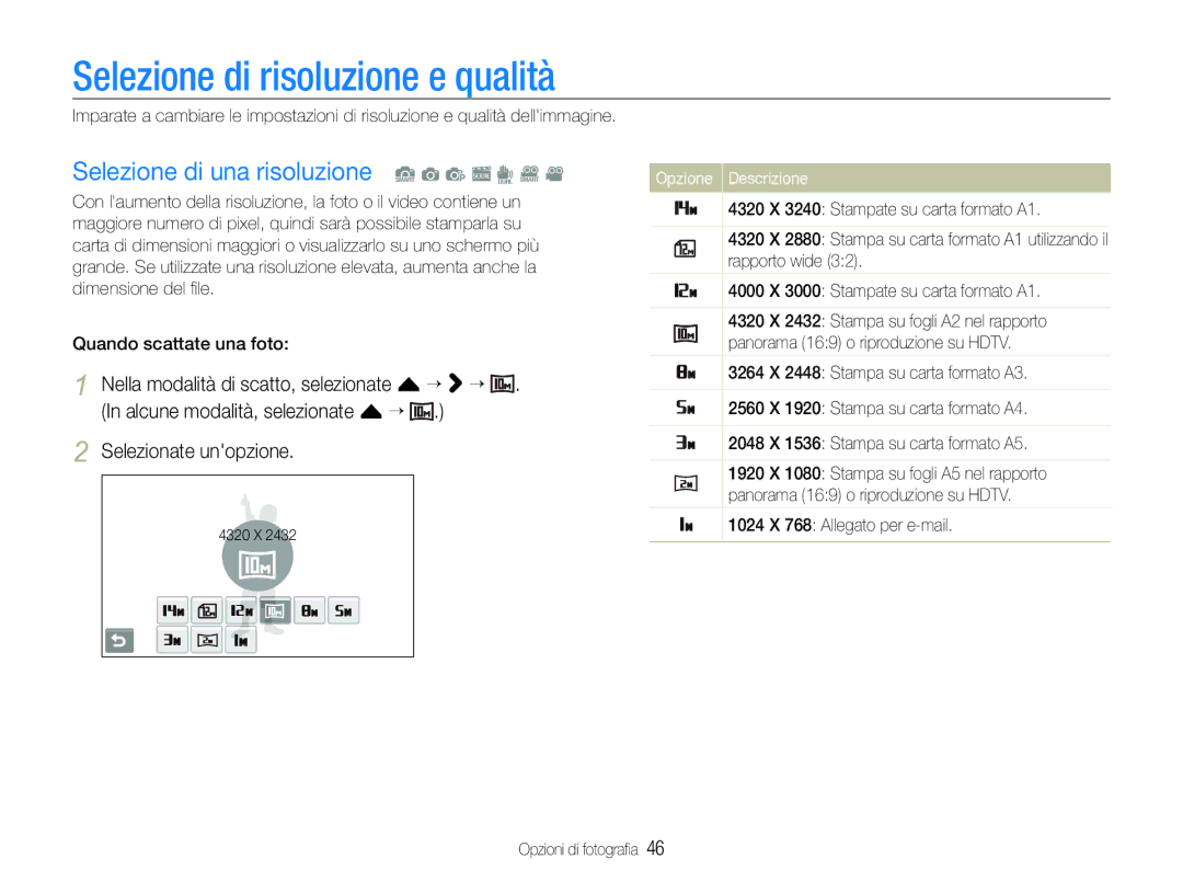 Samsung EC-ST100ZBPGIT manual Selezione di risoluzione e qualità, Selezione di una risoluzione S a p s d D 