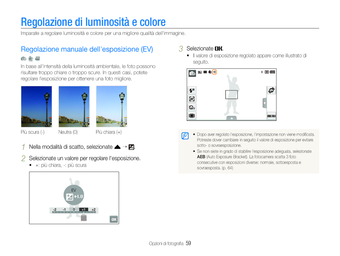 Samsung EC-ST100ZBPGIT Regolazione di luminosità e colore, Regolazione manuale dellesposizione EV 