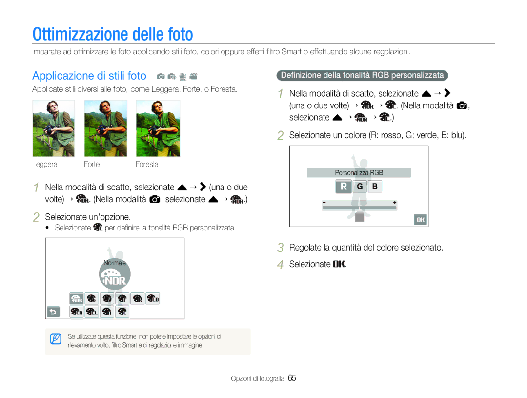 Samsung EC-ST100ZBPGIT manual Ottimizzazione delle foto, Applicazione di stili foto a p d, Nella modalità a 