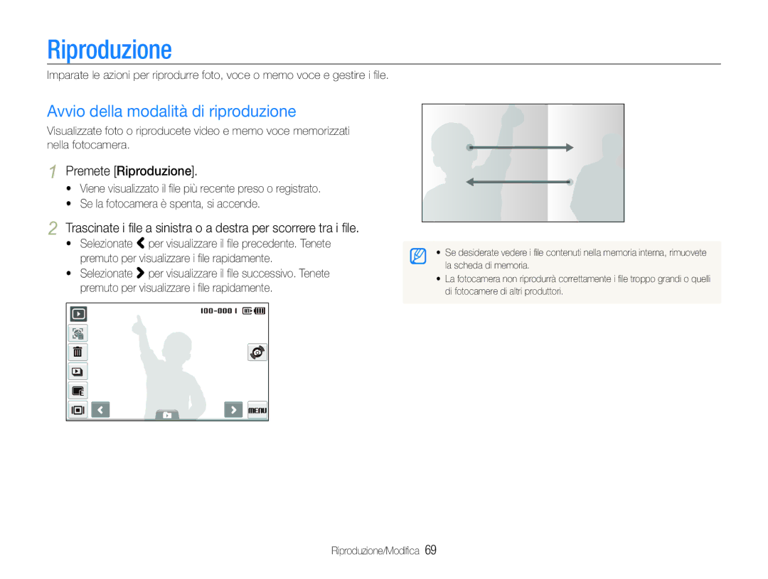 Samsung EC-ST100ZBPGIT manual Avvio della modalità di riproduzione, Premete Riproduzione, Riproduzione/Modiﬁca 