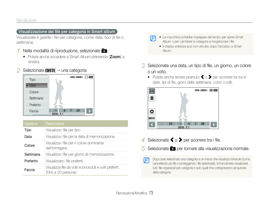 Samsung EC-ST100ZBPGIT manual Selezionate “ una categoria, Selezionate o per scorrere tra i ﬁle, Fino a 20 persone 