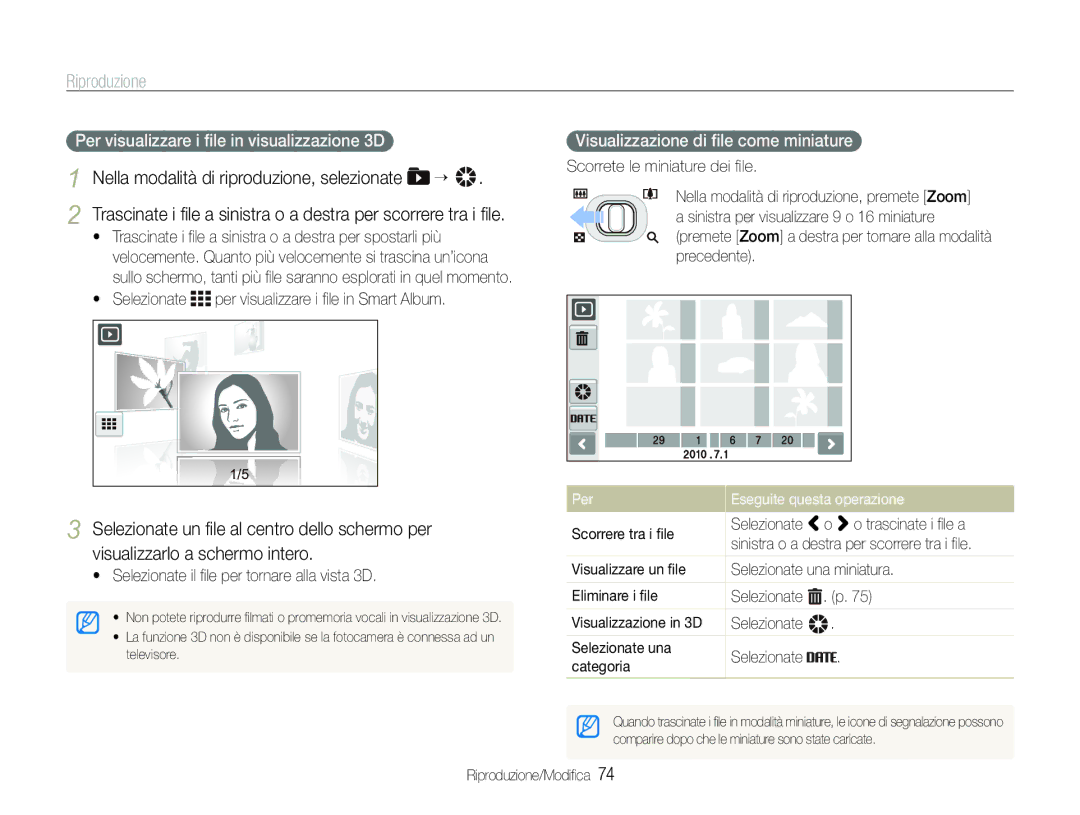 Samsung EC-ST100ZBPGIT manual Visualizzazione di ﬁle come miniature, Per Eseguite questa operazione 