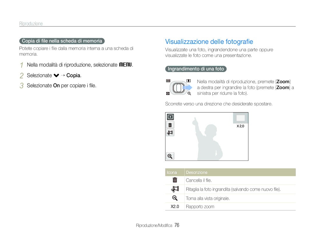 Samsung EC-ST100ZBPGIT manual Visualizzazione delle fotograﬁe, Selezionate On per copiare i ﬁle, Ingrandimento di una foto 