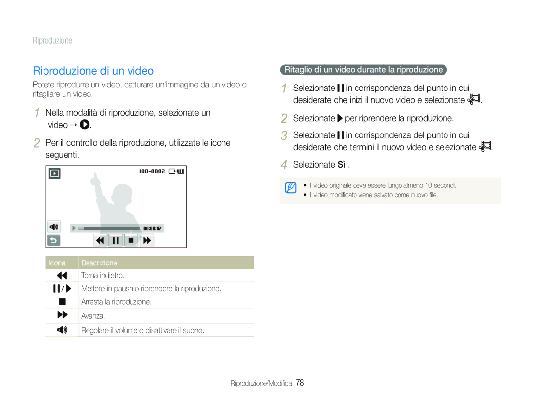 Samsung EC-ST100ZBPGIT manual Riproduzione di un video, Selezionate Sì, Ritaglio di un video durante la riproduzione 