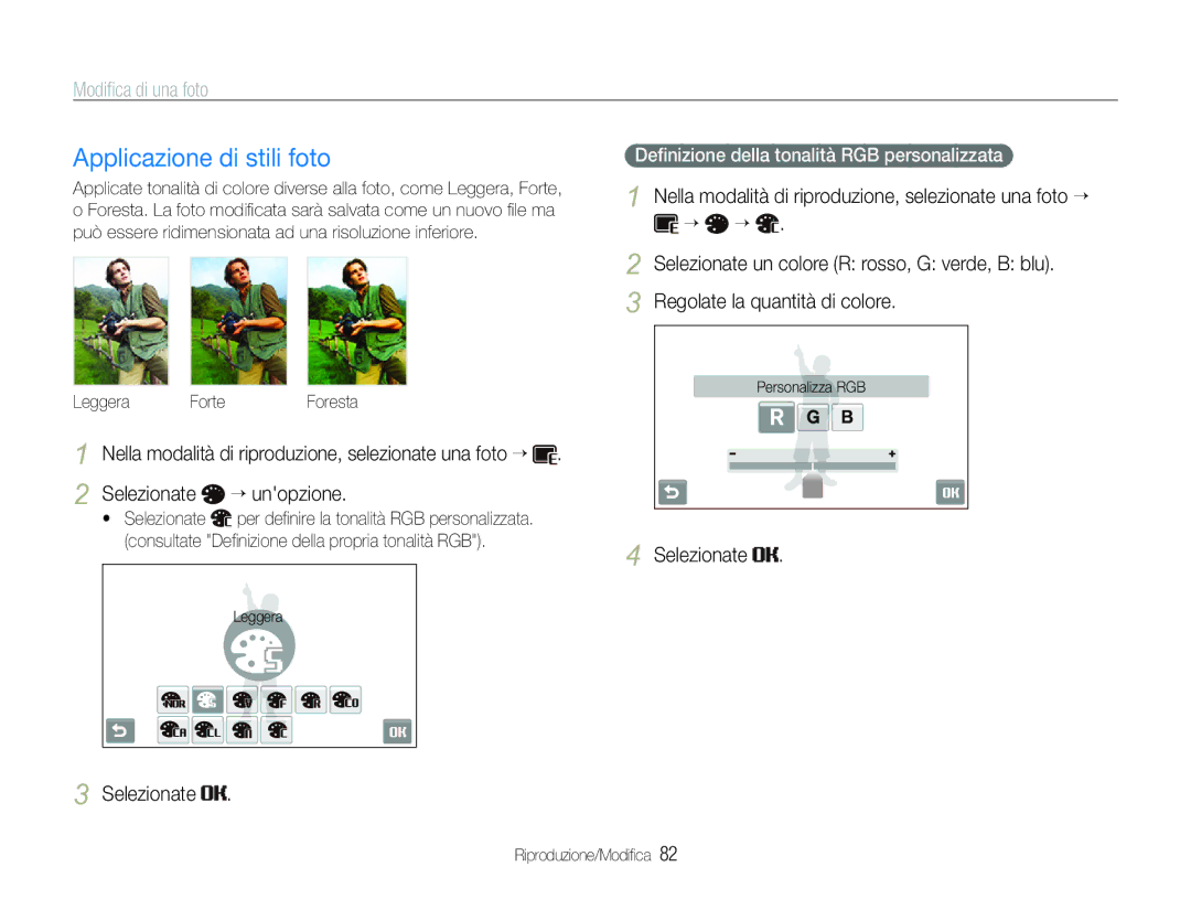 Samsung EC-ST100ZBPGIT manual Applicazione di stili foto, Modiﬁca di una foto, Leggera 