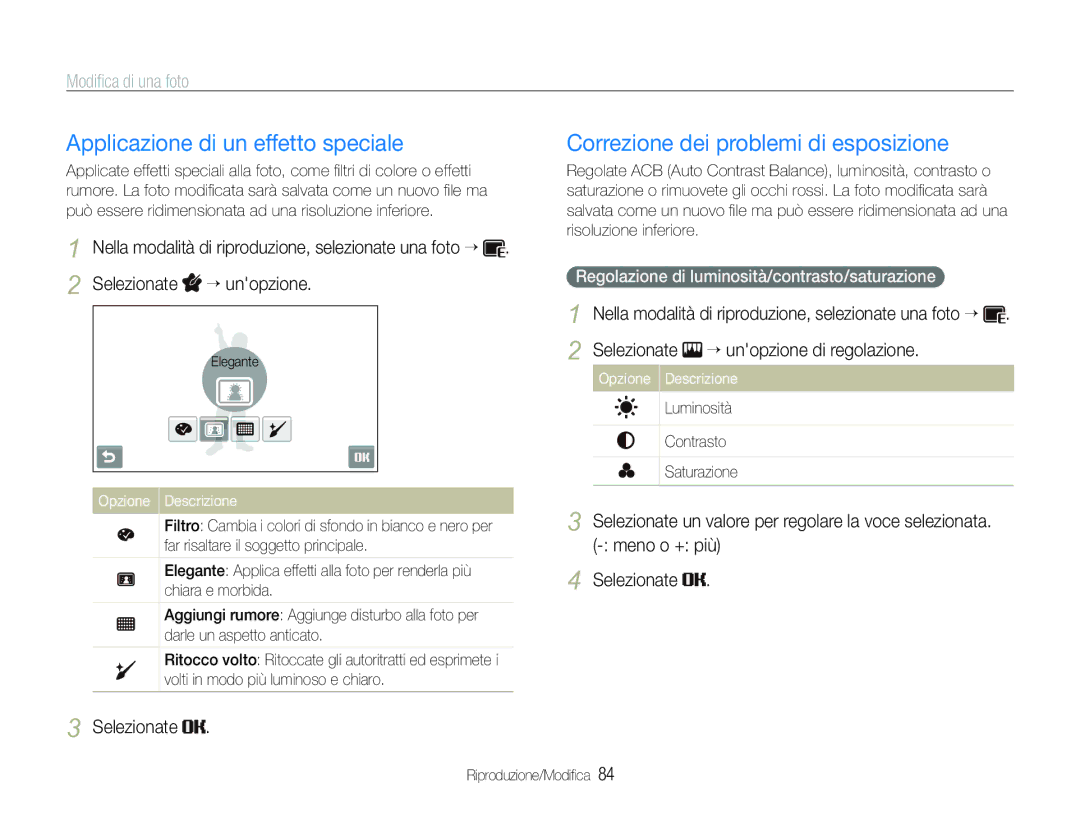 Samsung EC-ST100ZBPGIT manual Applicazione di un effetto speciale, Correzione dei problemi di esposizione 