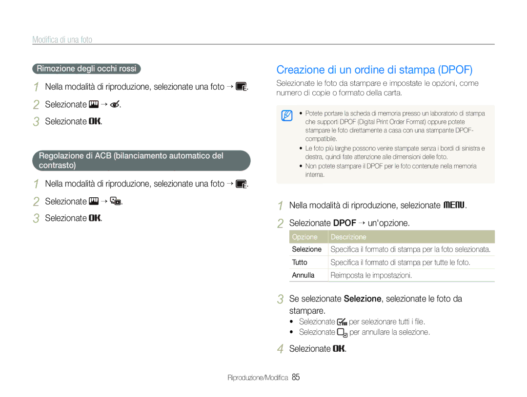 Samsung EC-ST100ZBPGIT Creazione di un ordine di stampa Dpof, Se selezionate Selezione, selezionate le foto da stampare 