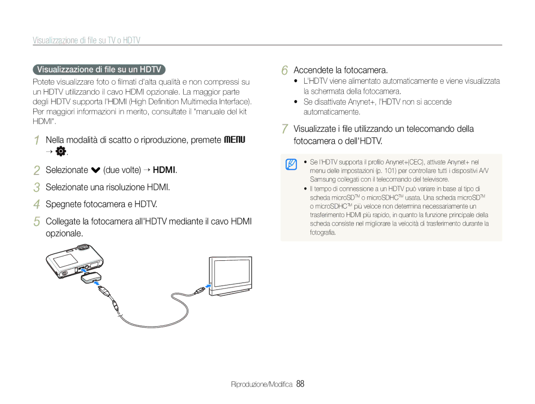 Samsung EC-ST100ZBPGIT manual Visualizzazione di ﬁle su TV o Hdtv, Visualizzazione di ﬁle su un Hdtv 