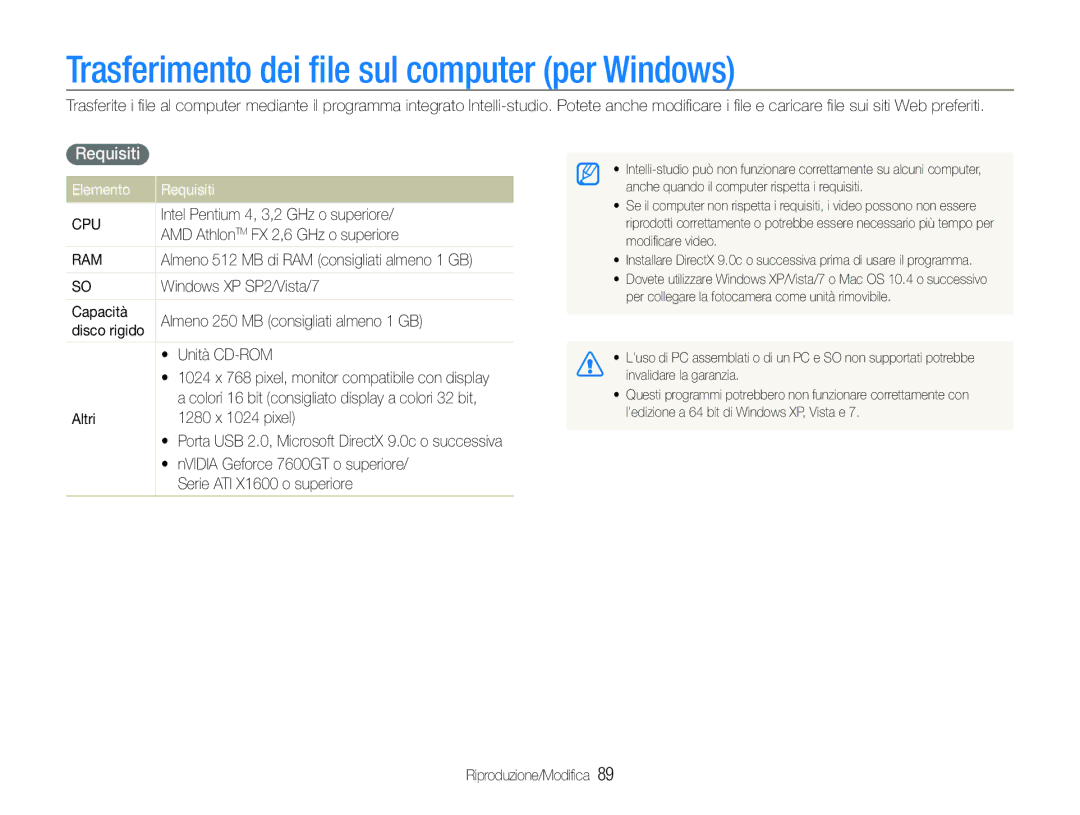 Samsung EC-ST100ZBPGIT manual Trasferimento dei ﬁle sul computer per Windows, Elemento Requisiti 